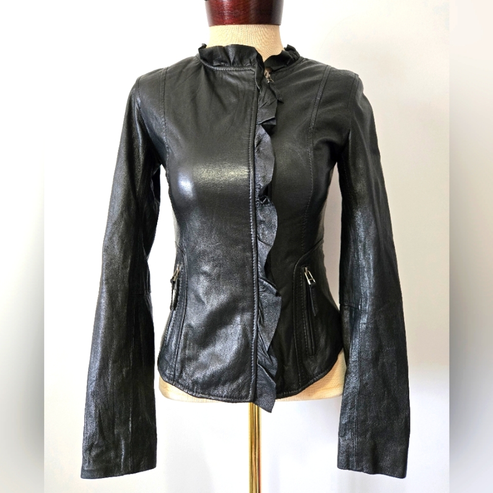 Blink Danier Bllack Leather Women's Jacket With Ruffles. Size 3XS